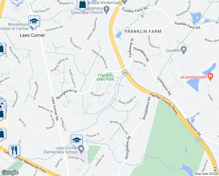 map of restaurants, bars, coffee shops, grocery stores, and more near 3321 Buckeye Lane in Fairfax