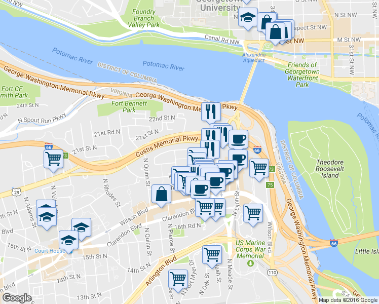 map of restaurants, bars, coffee shops, grocery stores, and more near 1572 North Colonial Terrace in Arlington