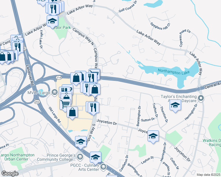 map of restaurants, bars, coffee shops, grocery stores, and more near 10725 Campus Way South in Upper Marlboro