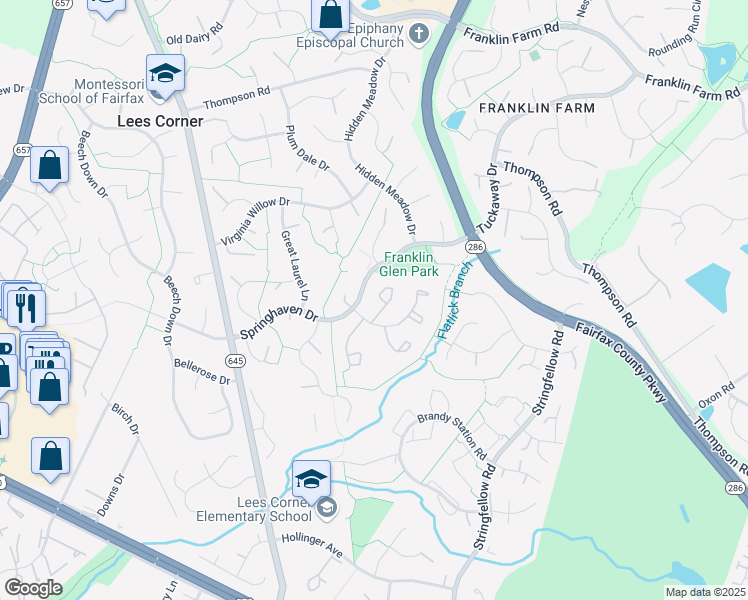 map of restaurants, bars, coffee shops, grocery stores, and more near 3616 Sweethorn Court in Fairfax