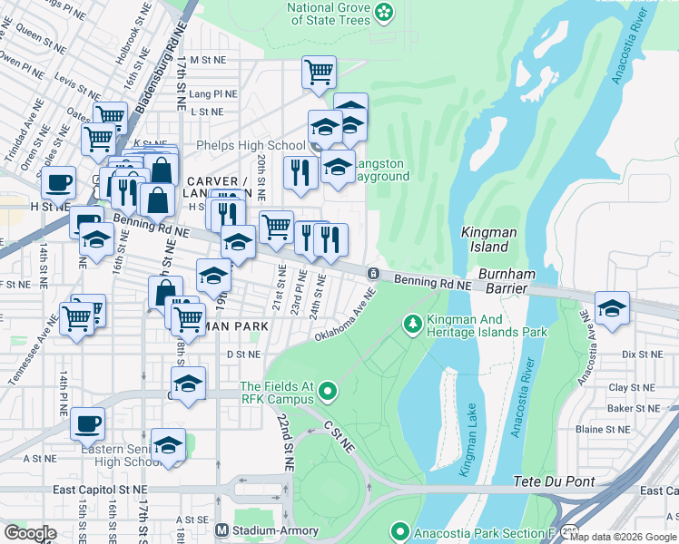 map of restaurants, bars, coffee shops, grocery stores, and more near 101 Independence Avenue Southeast in Washington
