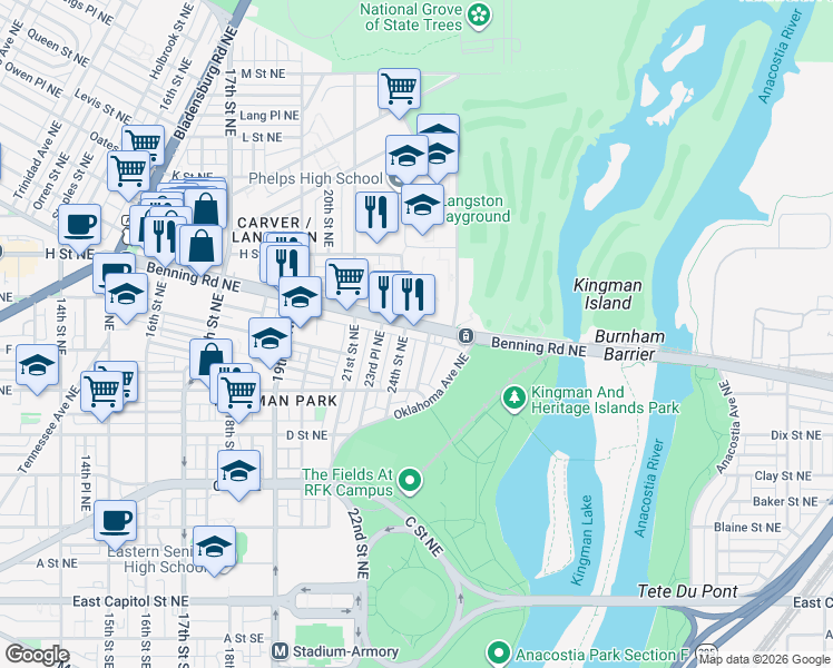 map of restaurants, bars, coffee shops, grocery stores, and more near 101 Independence Avenue Southeast in Washington
