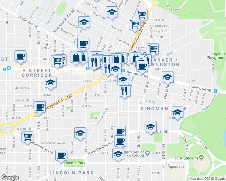 map of restaurants, bars, coffee shops, grocery stores, and more near 629 14th Place Northeast in Washington