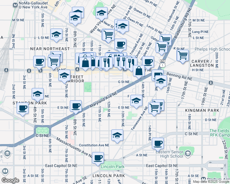 map of restaurants, bars, coffee shops, grocery stores, and more near 101 Independence Avenue Southeast in Washington