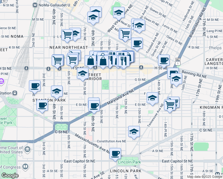 map of restaurants, bars, coffee shops, grocery stores, and more near 101 Independence Avenue Southeast in Washington