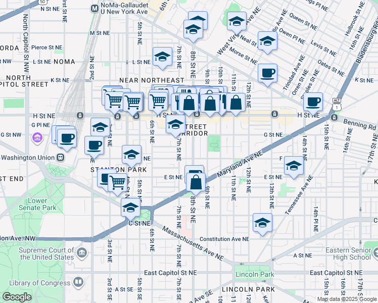 map of restaurants, bars, coffee shops, grocery stores, and more near 101 Independence Avenue Southeast in Washington