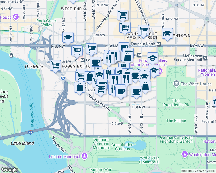 map of restaurants, bars, coffee shops, grocery stores, and more near 101 Independence Avenue Southeast in Washington