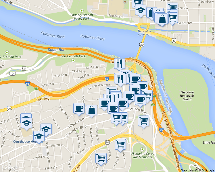 map of restaurants, bars, coffee shops, grocery stores, and more near 1572 North Colonial Terrace in Arlington