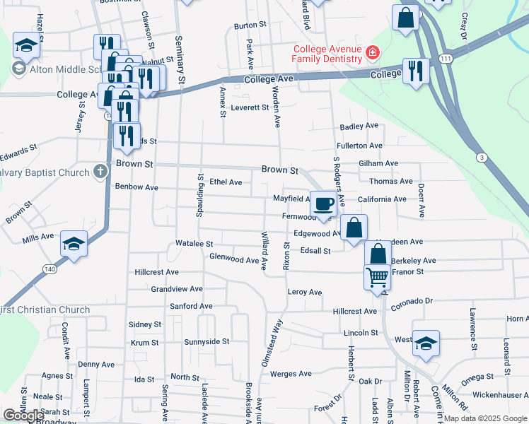 map of restaurants, bars, coffee shops, grocery stores, and more near 3210 Fernwood Avenue in Alton
