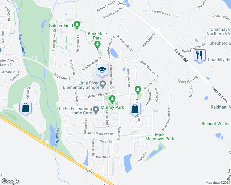 map of restaurants, bars, coffee shops, grocery stores, and more near 43510 Hyland Hills Street in Chantilly