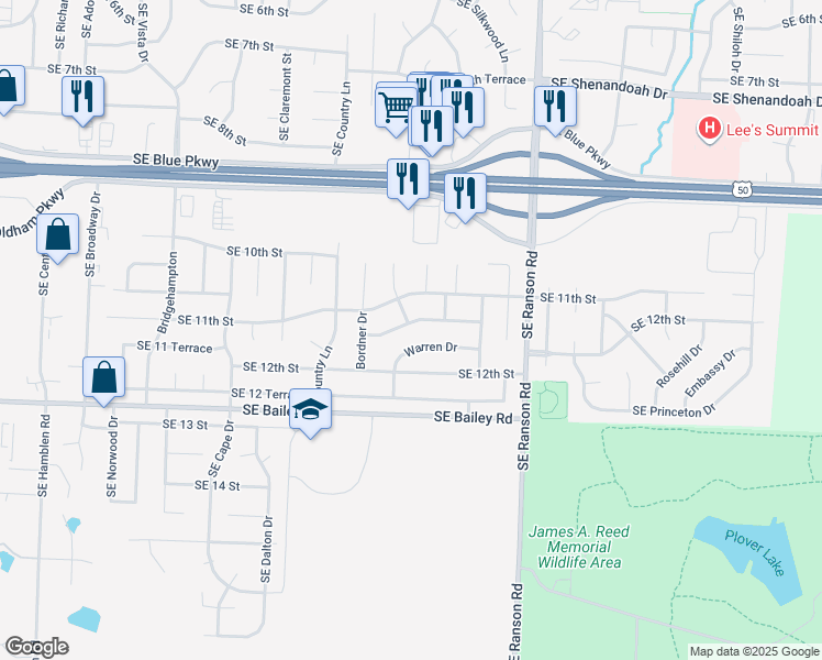 map of restaurants, bars, coffee shops, grocery stores, and more near 1133 Southeast 11 Terrace in Lee's Summit