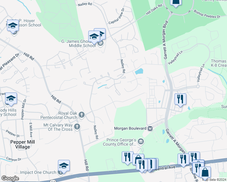 map of restaurants, bars, coffee shops, grocery stores, and more near 540 Peacock Drive in Hyattsville