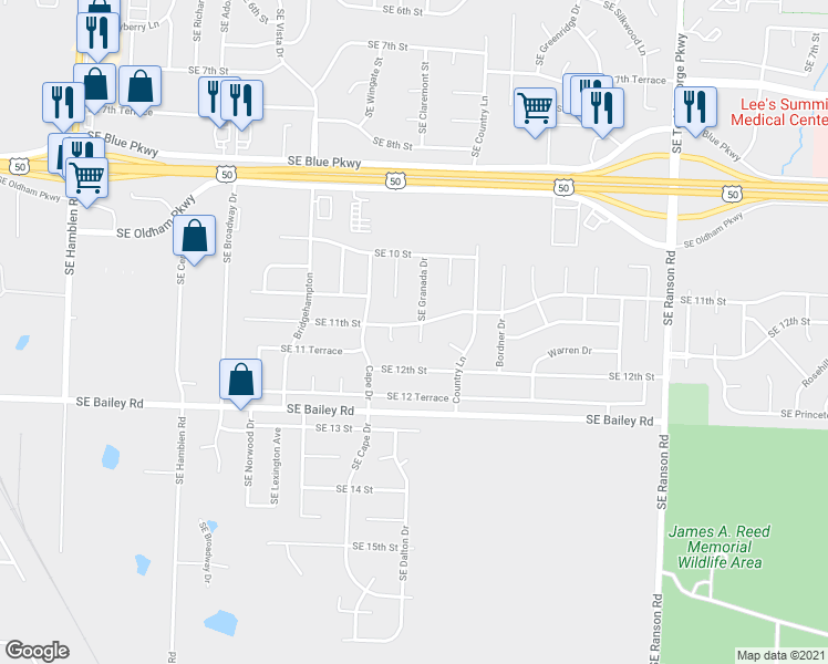 map of restaurants, bars, coffee shops, grocery stores, and more near 1100 Southeast Granada Court in Lee's Summit