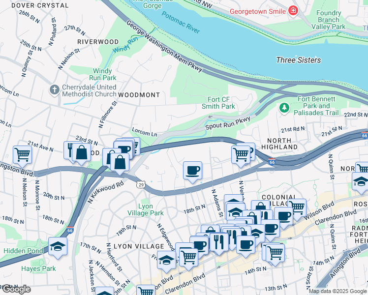 map of restaurants, bars, coffee shops, grocery stores, and more near 2513 20th Road North in Arlington