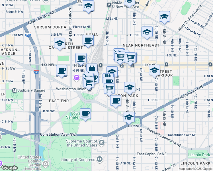 map of restaurants, bars, coffee shops, grocery stores, and more near 630 2nd Street Northeast in Washington