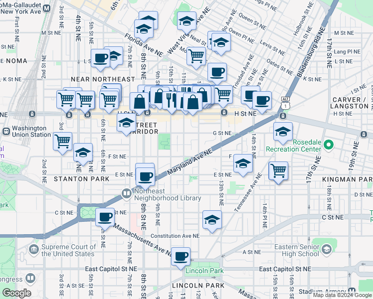map of restaurants, bars, coffee shops, grocery stores, and more near 611 11th Street Northeast in Washington