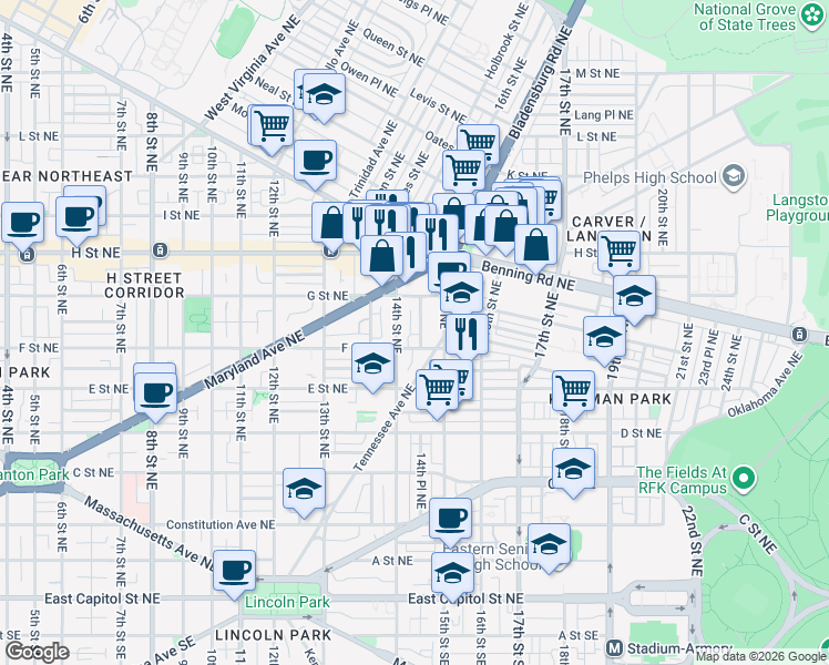 map of restaurants, bars, coffee shops, grocery stores, and more near 101 Independence Avenue Southeast in Washington