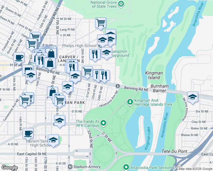 map of restaurants, bars, coffee shops, grocery stores, and more near 101 Independence Avenue Southeast in Washington