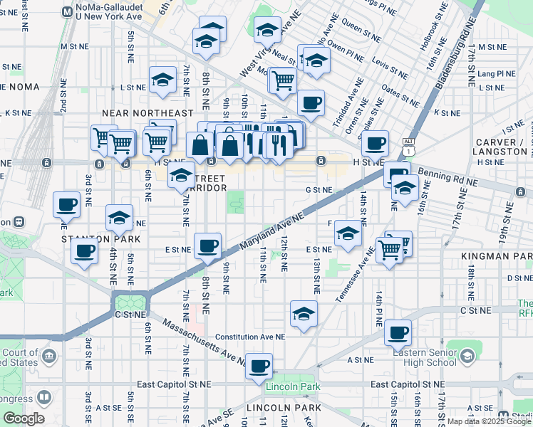 map of restaurants, bars, coffee shops, grocery stores, and more near 611 11th Street Northeast in Washington