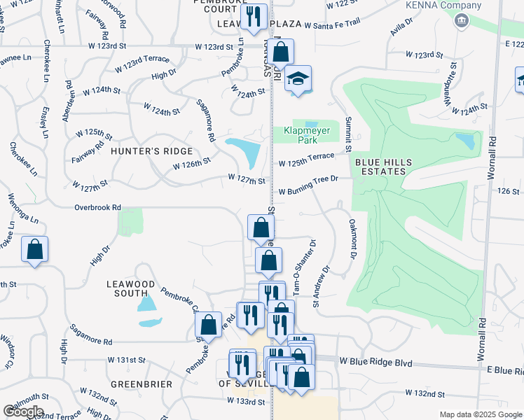 map of restaurants, bars, coffee shops, grocery stores, and more near 12720 State Line Road in Leawood
