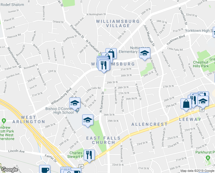 map of restaurants, bars, coffee shops, grocery stores, and more near 6425 28th Street North in Arlington