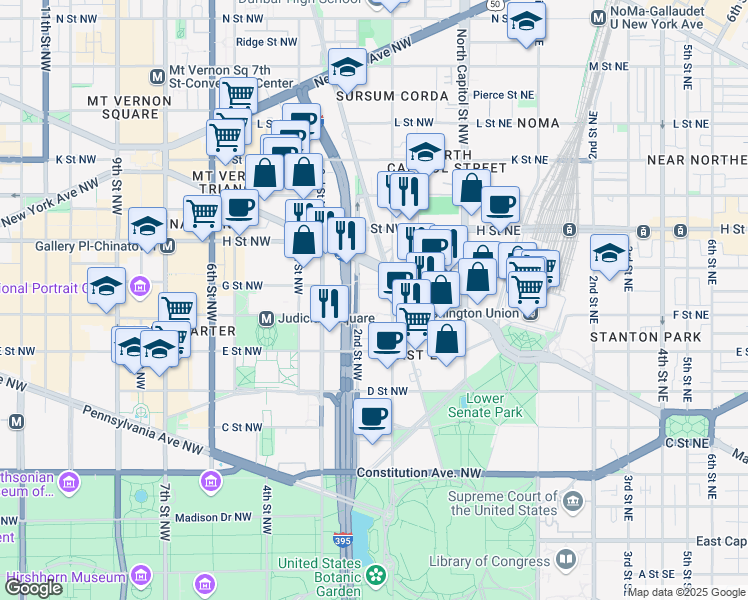 map of restaurants, bars, coffee shops, grocery stores, and more near 600 New Jersey Avenue Northwest in Washington