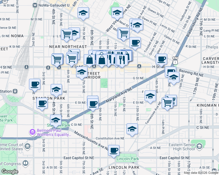 map of restaurants, bars, coffee shops, grocery stores, and more near 101 Independence Avenue Southeast in Washington
