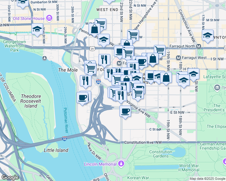 map of restaurants, bars, coffee shops, grocery stores, and more near 601 24th Street Northwest in Washington
