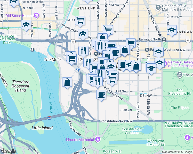 map of restaurants, bars, coffee shops, grocery stores, and more near 616 23rd Street Northwest in Washington