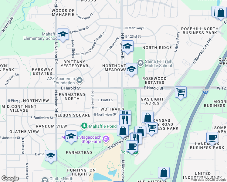 map of restaurants, bars, coffee shops, grocery stores, and more near 1126 East Elizabeth Street in Olathe