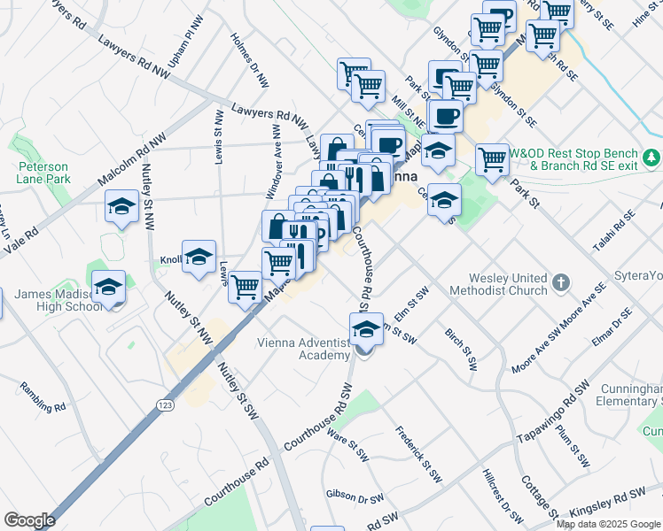 map of restaurants, bars, coffee shops, grocery stores, and more near 202 Pleasant Street Southwest in Vienna