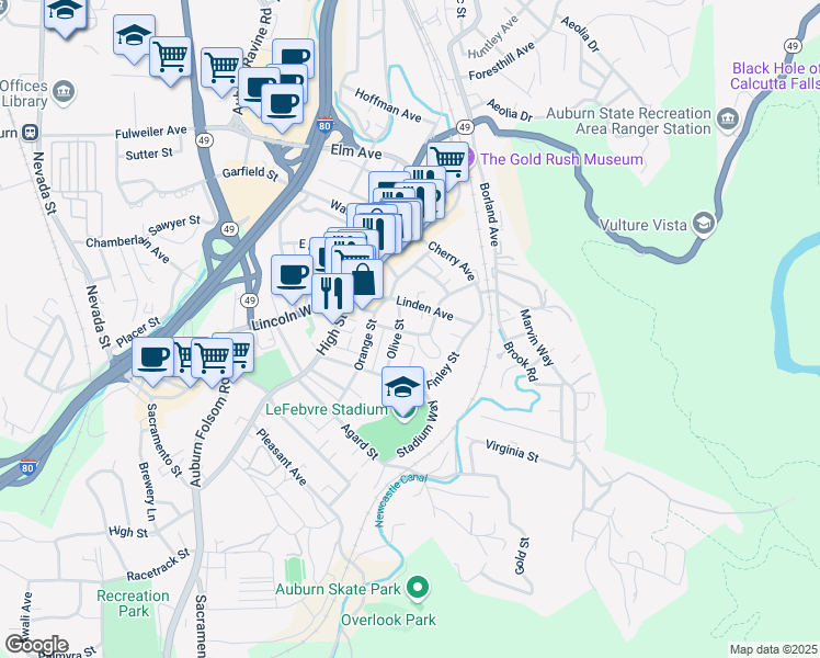 map of restaurants, bars, coffee shops, grocery stores, and more near 211 California Street in Auburn