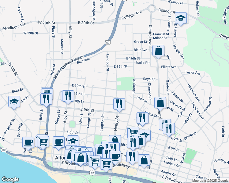 map of restaurants, bars, coffee shops, grocery stores, and more near 549 East 12th Street in Alton