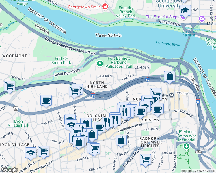 map of restaurants, bars, coffee shops, grocery stores, and more near 2022 North Scott Street in Arlington