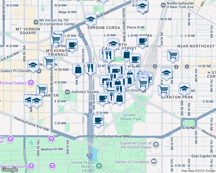 map of restaurants, bars, coffee shops, grocery stores, and more near 601 New Jersey Avenue Northwest in Washington