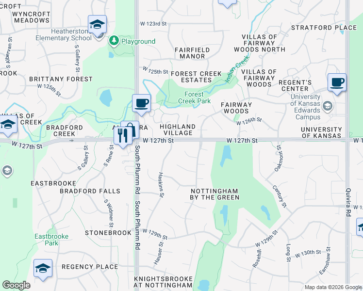 map of restaurants, bars, coffee shops, grocery stores, and more near 13114 W 127th Terrace in Overland Park
