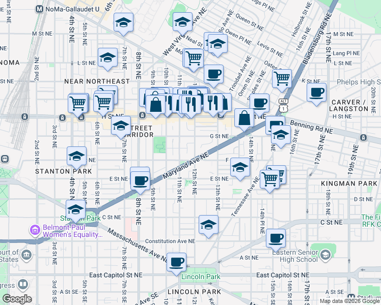 map of restaurants, bars, coffee shops, grocery stores, and more near 604 12th Street Northeast in Washington