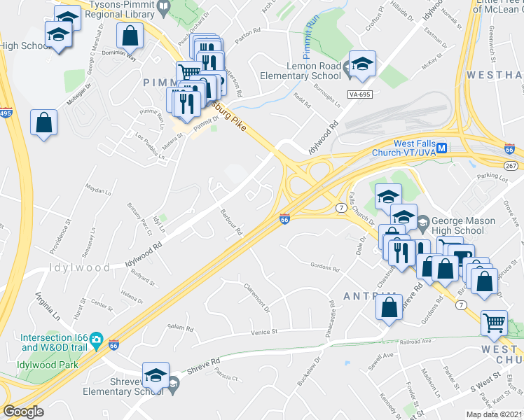 map of restaurants, bars, coffee shops, grocery stores, and more near 7435 Timberock Road in Falls Church