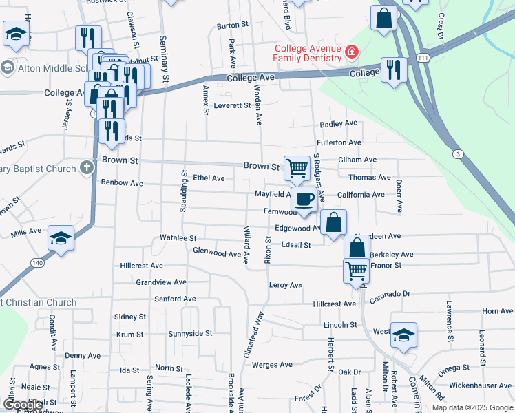 map of restaurants, bars, coffee shops, grocery stores, and more near 3210 Fernwood Avenue in Alton
