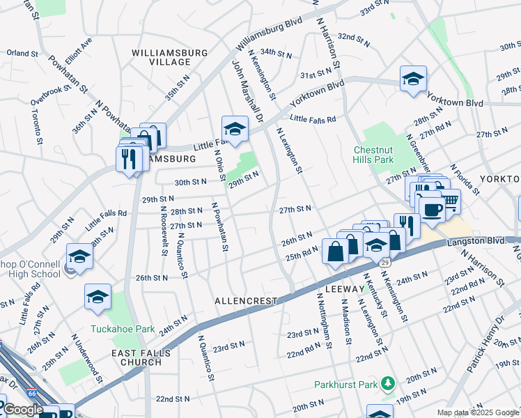 map of restaurants, bars, coffee shops, grocery stores, and more near 6027 27th Street North in Arlington