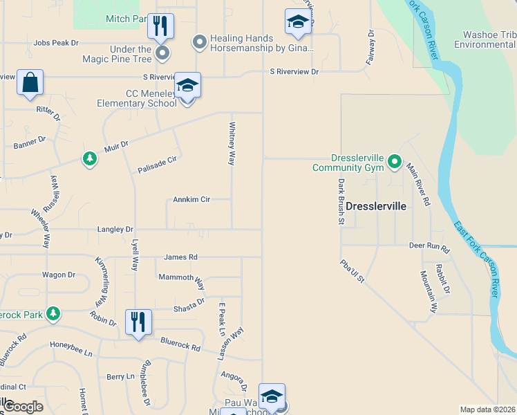 map of restaurants, bars, coffee shops, grocery stores, and more near 820 Long Valley Road in Gardnerville