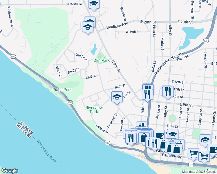 map of restaurants, bars, coffee shops, grocery stores, and more near 354 Bluff Street in Alton