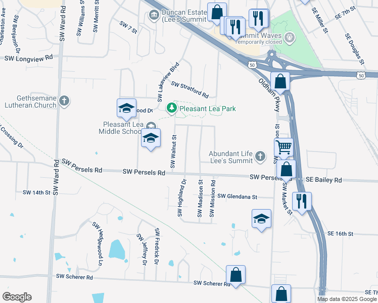 map of restaurants, bars, coffee shops, grocery stores, and more near 1303 Southwest Highland Drive in Lee's Summit