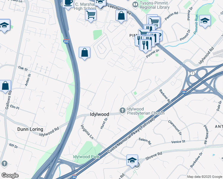 map of restaurants, bars, coffee shops, grocery stores, and more near 2241 Senseney Lane in Falls Church