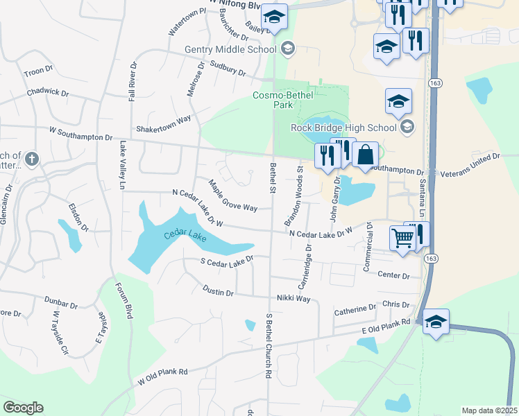 map of restaurants, bars, coffee shops, grocery stores, and more near 131 Maple Grove Way in Columbia