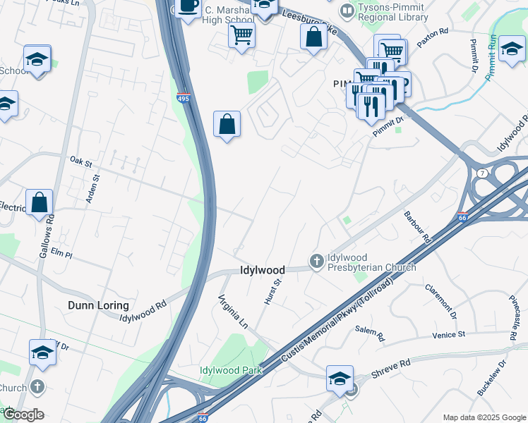 map of restaurants, bars, coffee shops, grocery stores, and more near 2271 Providence Street in Falls Church