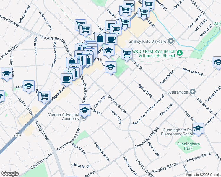 map of restaurants, bars, coffee shops, grocery stores, and more near 117 Elm Street Southwest in Vienna