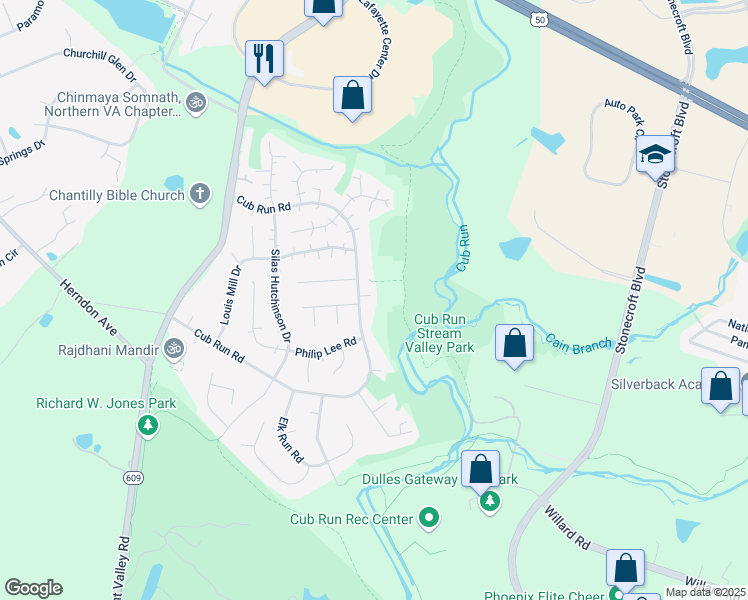 map of restaurants, bars, coffee shops, grocery stores, and more near 4355 Cub Run Road in Chantilly