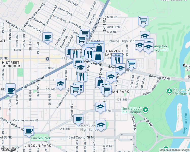 map of restaurants, bars, coffee shops, grocery stores, and more near 1668 Kramer Street Northeast in Washington