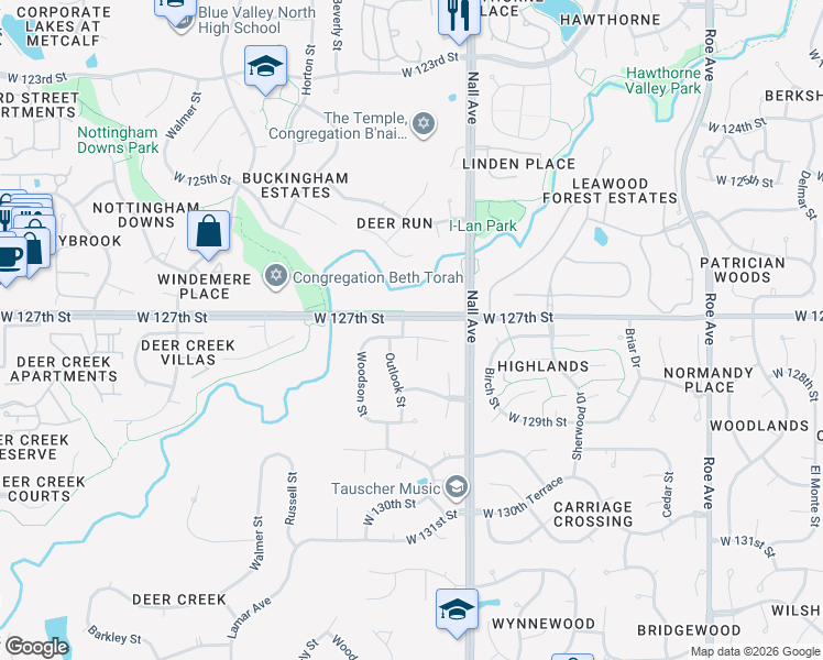 map of restaurants, bars, coffee shops, grocery stores, and more near 5700 West 127th Terrace in Leawood